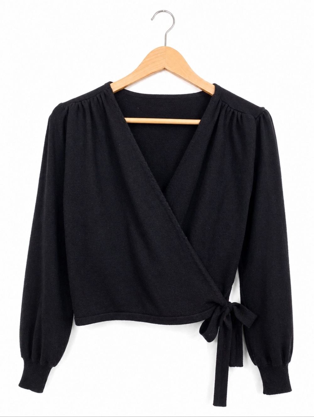 Chicwish Elegant Black Wrap Top Long Sleeve Tie Waist Cropped Blouse